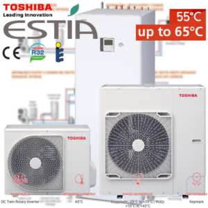 TOSHIBA Estia R-32 split ALL-IN-ONE Αντλίες θερµότητας μεσαίων θερμοκρασιών (65°C) ψύξη & θέρμανση με υδραυλικό πακέτο